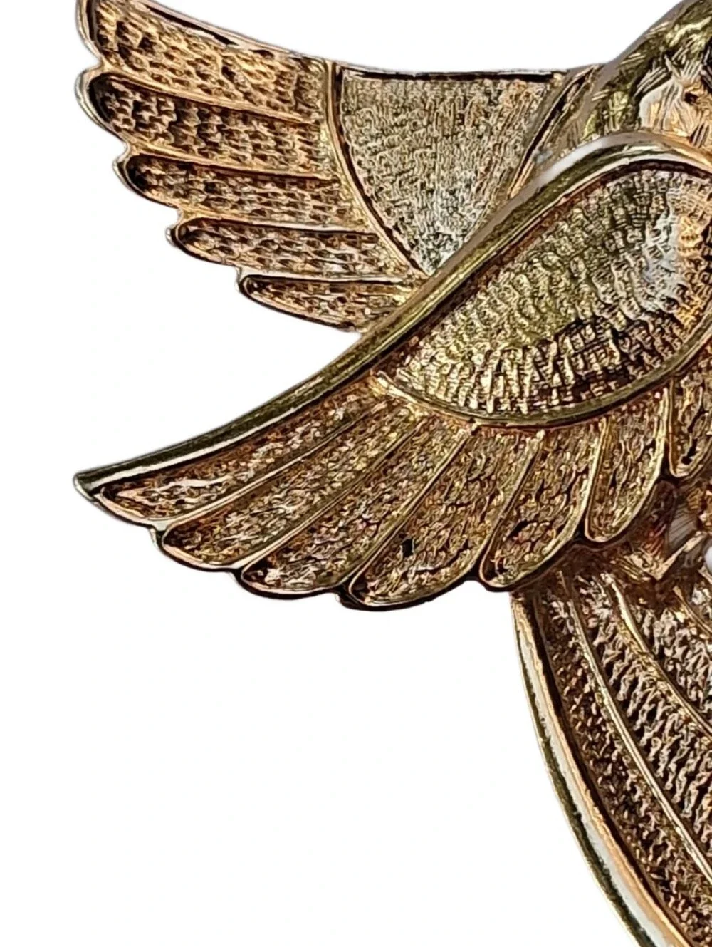 1990 Avon Golden Hummingbird Brooch Textured Gold Tone Ruby Red Rhinestone Eye